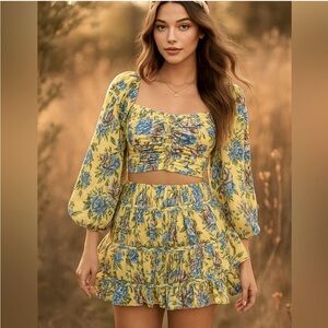 Yellow and Blue Floral Skirt Set with Padded Top and Balloon Sleeves